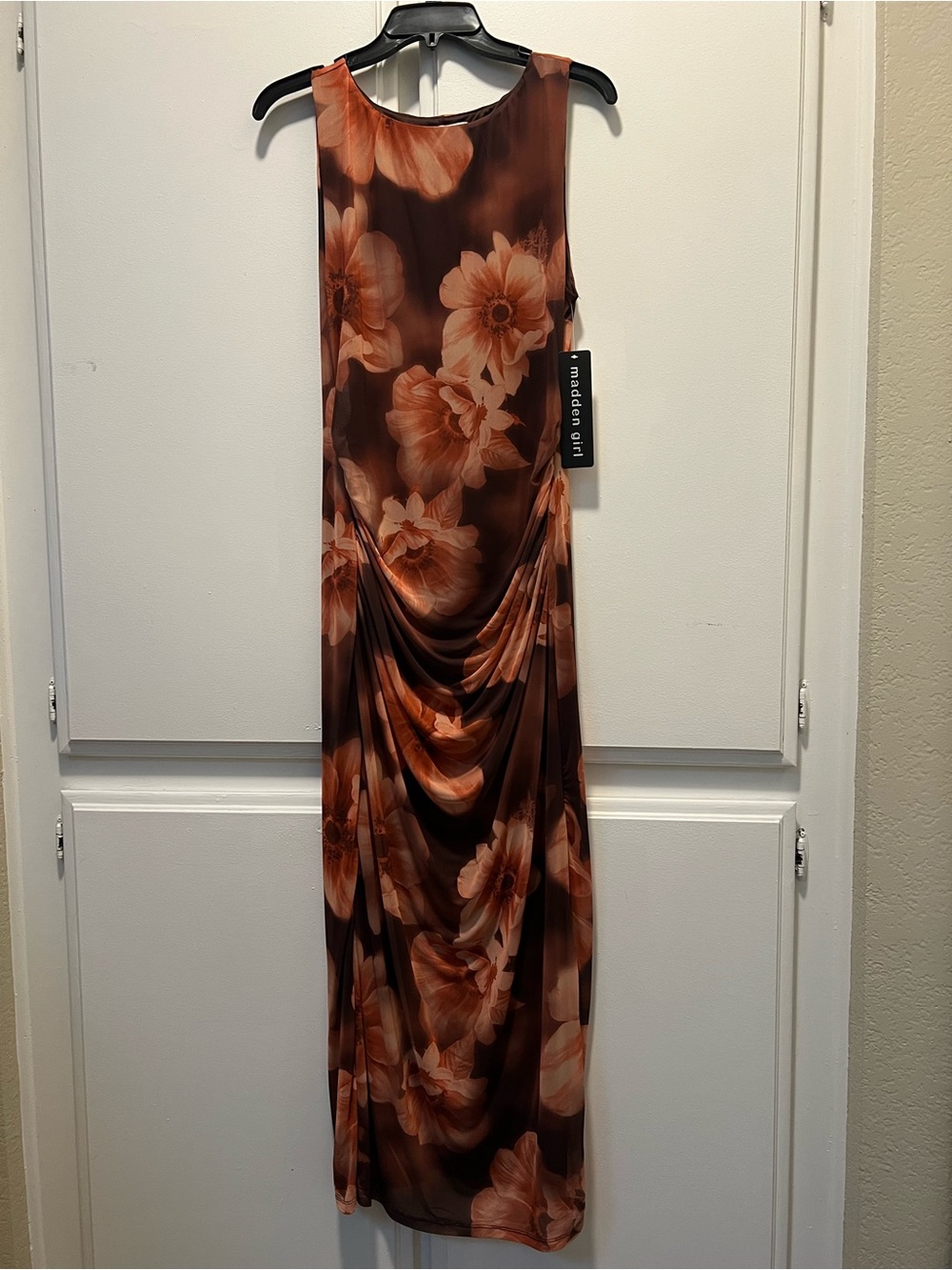 Madden Girl Brown and Orange Floral Draped Maxi Dress